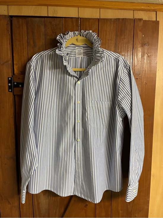 Brooks Brothers Tops - Brooks Brothers White and Blue Vertical-Stripe Ruffle-Collar Shirt